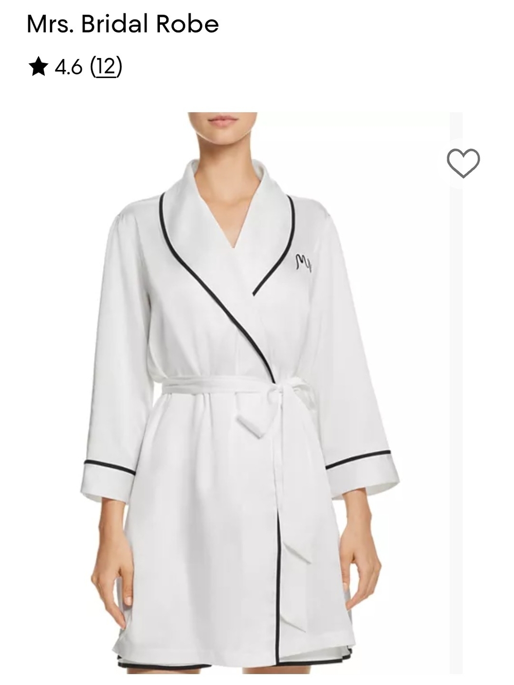 Kate Spade NWT,"MRS" Bridal White Satin Robe with Black Piping,SZ M,Pockets, Tie
